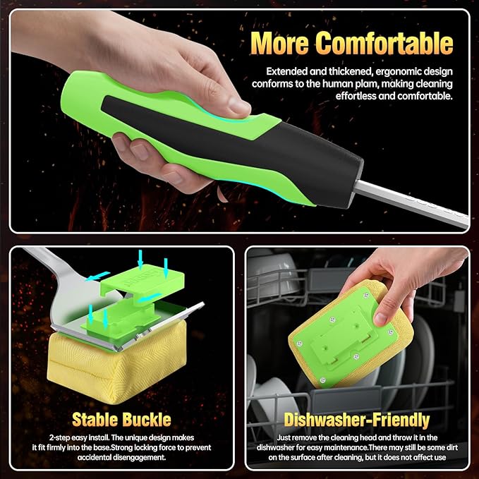 Grill Brush Bristle Free for Outdoor Grill, Steam Grill Cleaning Brush Replaceable BBQ Cleaner Brush Head,Extended Handle, Safe Grill Brush for Cast Iron Stainless-Steel Grates，Light Green