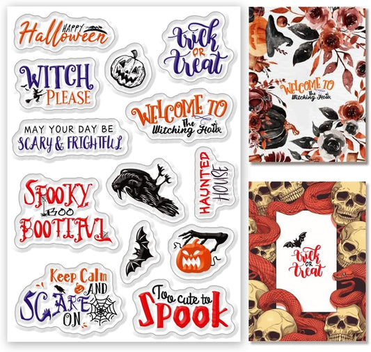 Halloween Words Clear Stamps for Card DIY Happy Halloween Alphabet Crow Bat Pumpkin Clear Stamps Halloween Creature Transparent Rubber Seal Stamps for Photo for Card Making Crafting DIY
