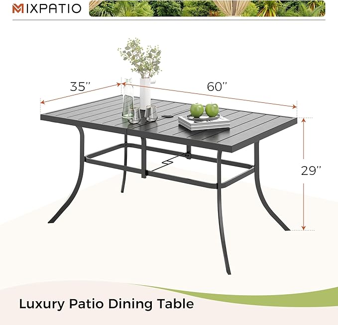Outdoor Patio Dining Table for 6, 60" x 35" Rectangular Metal Patio Dining Table with Umbrella Hole for Garden, All Weather Wrought Iron Black Outdoor Table for Backyard and Porch
