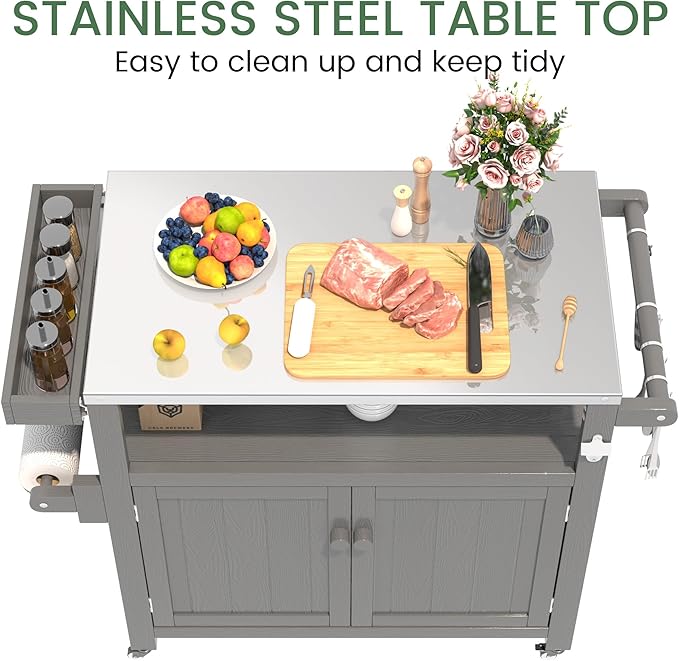 Weatherproof HIPS Outdoor Kitchen Island with Stainless Steel Top & Storage Cabinet, Movable Prep Table with Wheels for BBQ Food Prep, Outdoor Grill Cart for Parties, Grey