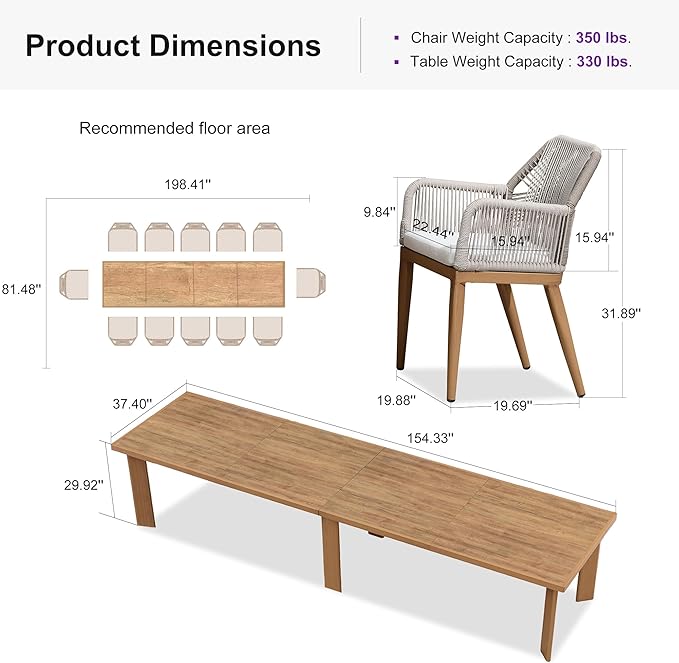 PURPLE LEAF 13 Pieces Patio Dining Set Aluminum Modern Rectangular Table and Rattan Arm Chairs with Cushions for Kitchen Porch Garden Outdoor Furniture Sets