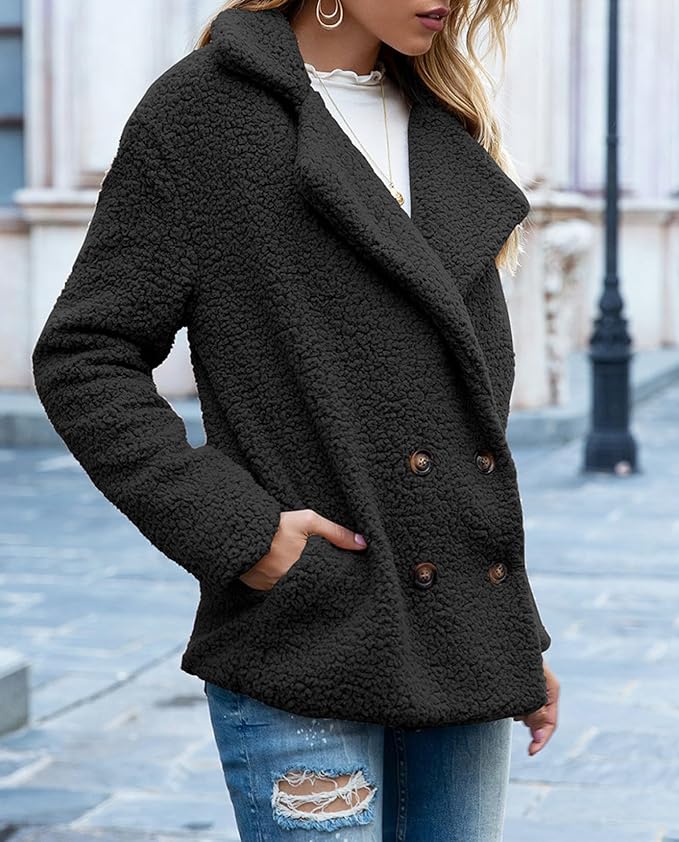 Women's Winter Warm Plush Cardigan Fuzzy Fleece Lapel Jacket with Buttons Pockets Long Sleeve Casual Outerwear