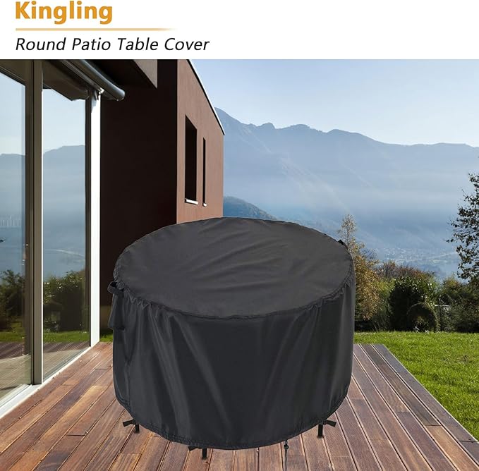 Kingling Patio Furniture Covers Waterproof, Round Patio Table Cover 90 inch Upgrade Heavy Duty Outdoor Table Cover for Dining & Coffee Table Chair Set, Firepit Table All Weather Resistant-90''D x43''H