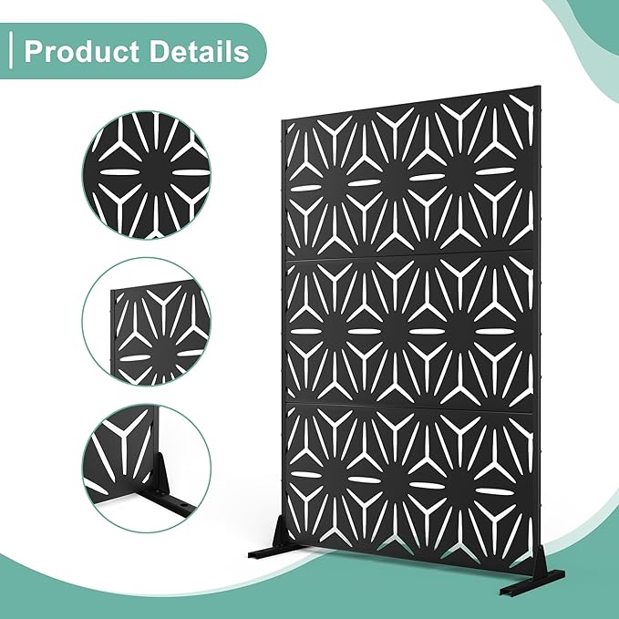 Metal Privacy Screen for Outdoor & Indoor Use, Free Standing Privacy Screen for Patio Garden Pool, 72" H x 47" W Decoative Privacy Panels, Weather Resistant, Easy Assembly (Black Star)
