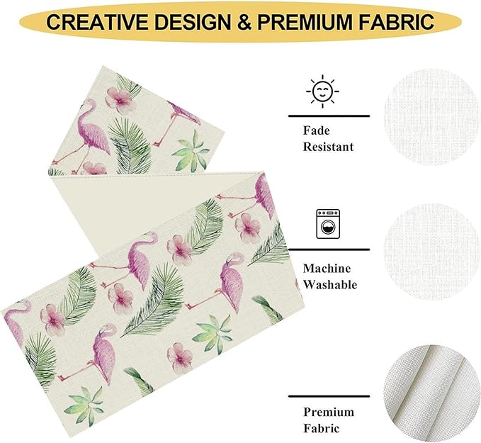 Flamingo Table Runner,Spring Summer Tropical Floral Green Palm Leaves Hawaiian Luau Watercolor Table Center Decor for Family Kitchen Living Room Farmhouse Party Table Decorations, 13"x108"
