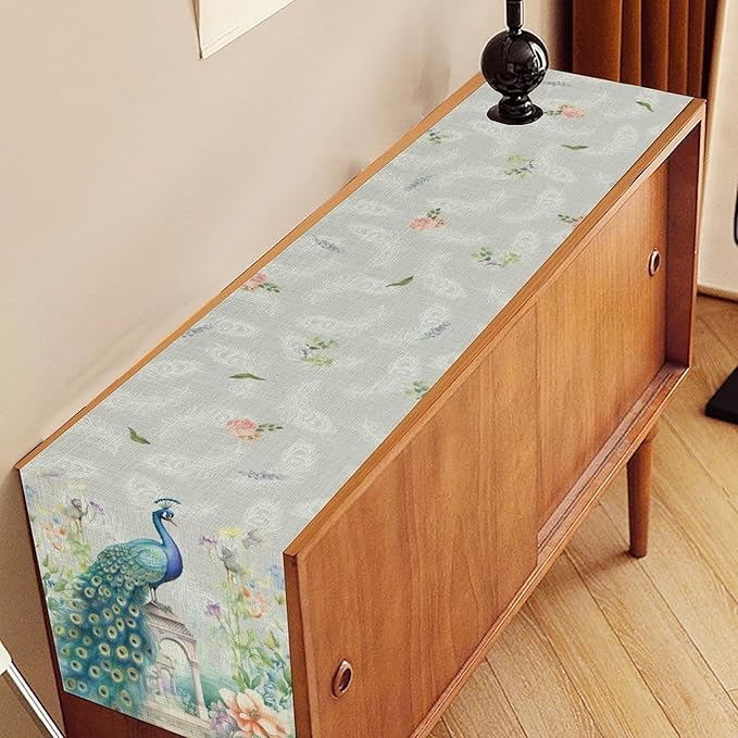 Peacock Table Runner,Watercolor Traditional Chinese Style Peacock Floral Garden Traditionla Chinese Style Table Center Decor for Home Dining Kitchen Patio Party Indoor Table Decorations, 13"x36"