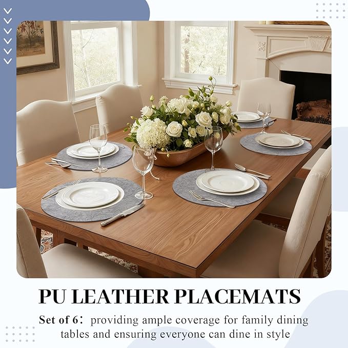 13'' Round Placemats Set of 6, PU Leather Table Mats, Non Slip Heat Resistant Waterproof Oilproof Washable Protective Wipeable for Dining Table, Kitchen, Party Decoration Indoor Outdoor, Gray