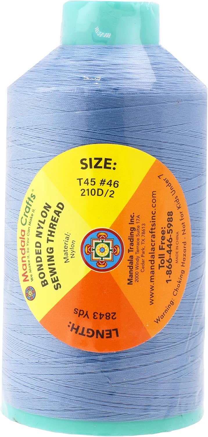 Mandala Crafts Bonded Nylon Thread Light Blue Heavy Duty Sewing Threads - 2843 YDs Size 46 210D T45 Tex 45 Thread for Leather Jeans Weaving Outdoor Marine Upholstery Threads