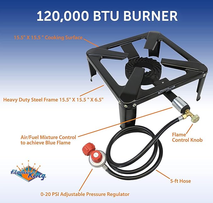 Flame King Heavy Duty 120,000 BTU, 0-20 PSI, Turkey Fryer Single Propane Burner Bayou Cooker, Outdoor Stove for Home Brewing, Maple Syrup Prep, Cajun Cooking
