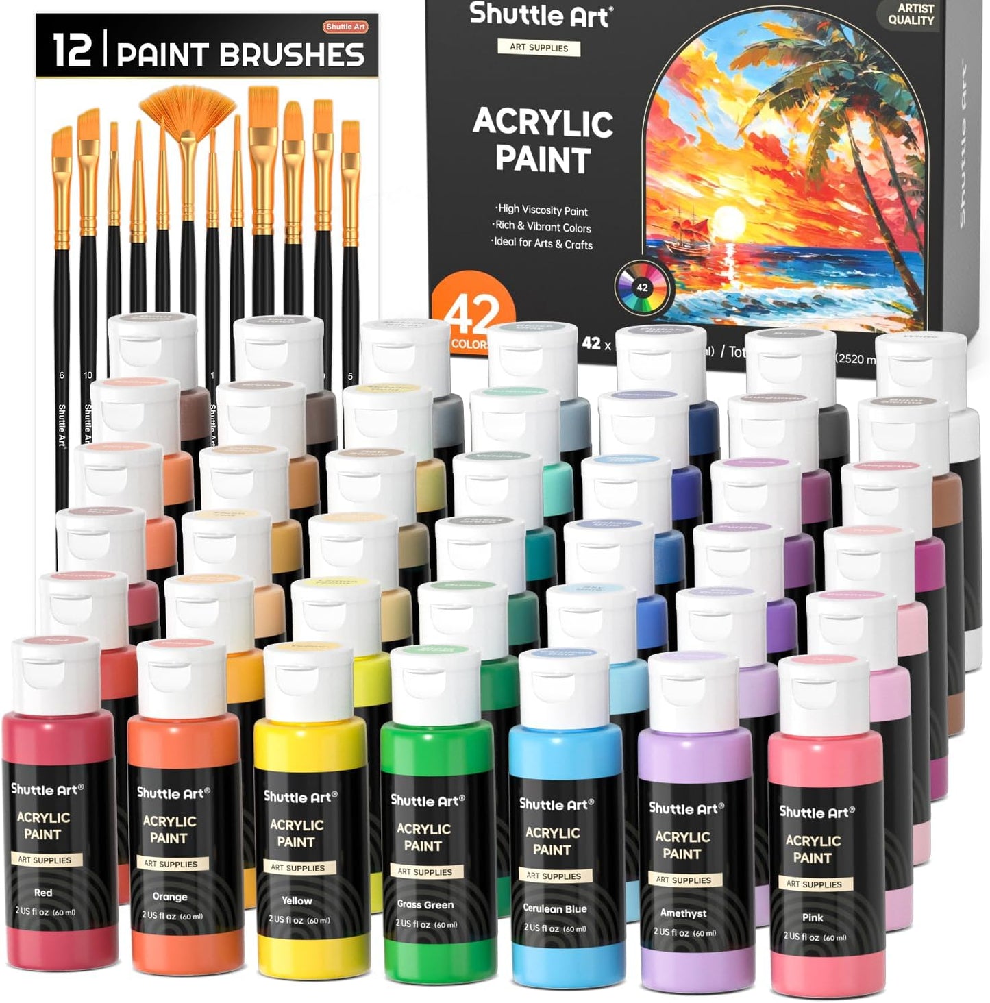 Shuttle Art Acrylic Paint, 42 Colors Acrylic Paint Set with 12 Brushes, 2oz/60ml Bottles, Rich Pigmented, Water Proof, Premium Paints for Artists, Beginners and Kids on Canvas Rocks Wood Ceramic