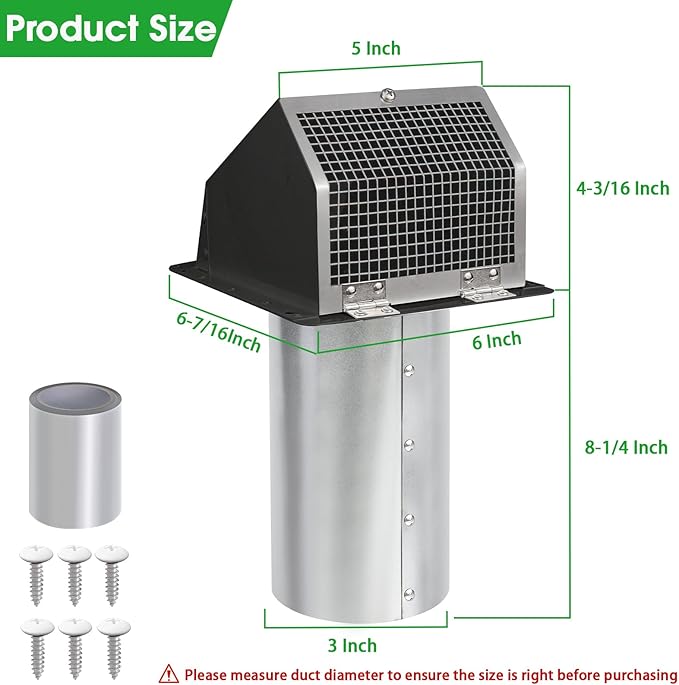 3 Inch Dryer Vent Cover Wall Vent Hood with Screen and Damper,Outdoor Dryer Vent Covers Outside Exhaust Vent Cover for Duct Air Ventilation,Wall Mount Extractor Vent Cap,Galvanized Steel,Black
