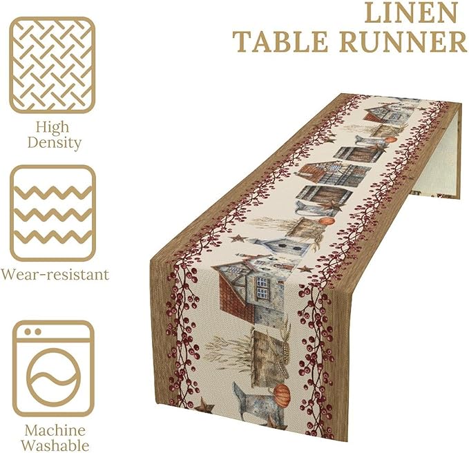Western Texas Table Runner, Rustic Farmhouse Country Barn Berry Vintage Rural Houses Pumpkin Print Table Runner for Party Picnic Dining Kitchen Table Decor,13x70inch
