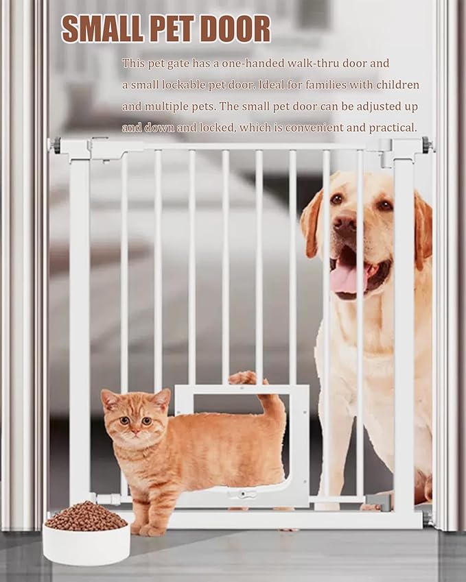 White Extra Wide Baby Gate with Pet Door Automatic Closing 29.5 to 46 Inches Adjustable Pressure Mounted for Doorway Stairs Includes 4 Wall Cups and 3 Extensions Pet Gate Baby Gate Dog Gate Cat Gate