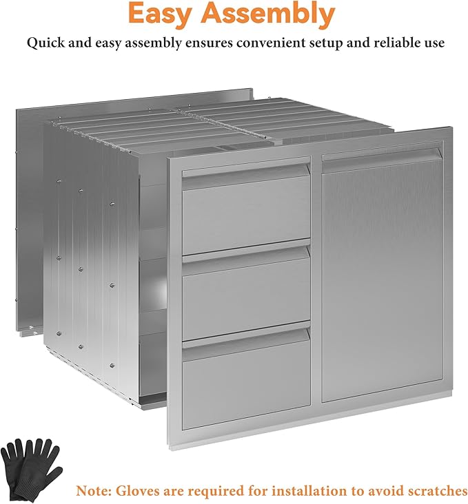 Jocisland Outdoor Kitchen Drawers 28" W×23" D×23" H Stainless Steel Drawers for Outdoor Kitchens, Single Door Trash Drawer & 3-Drawer Cabinet, Built-in BBQ Island Storage