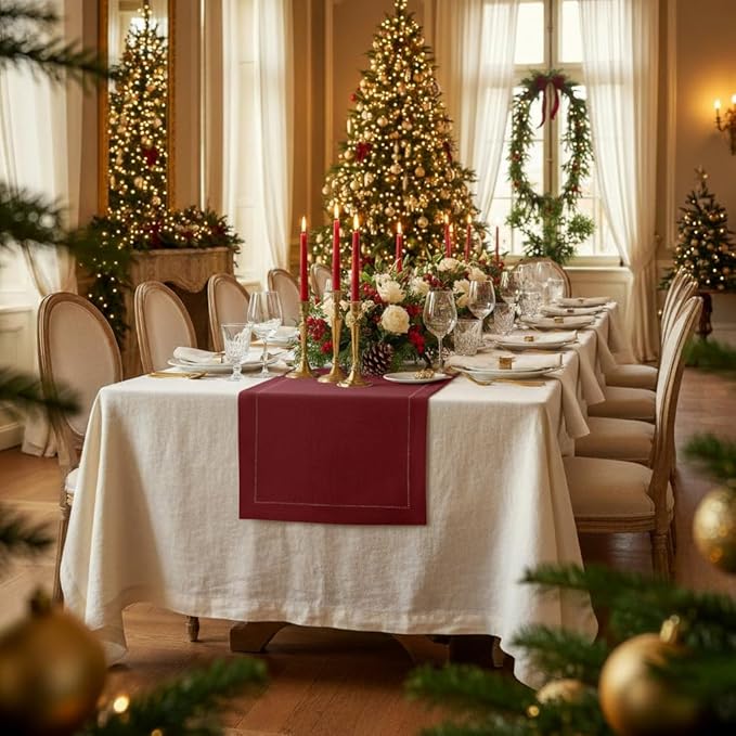 D'Moksha Homes Linen Dark Red Table Runner 60 Inches - Classic Hemstitch, 100% Pure Linen Coffee Table Runner 14 x 60 Inch Ideal for Dresser Tables, Valentines, Spring