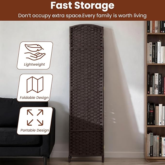 FDW Room Divider 4 Panel Screen 5.6 Ft Tall Partition Privacy Screens Folding Room Separation Free Standing Waterproof Wood Frame Wall Divider, Dark Brown
