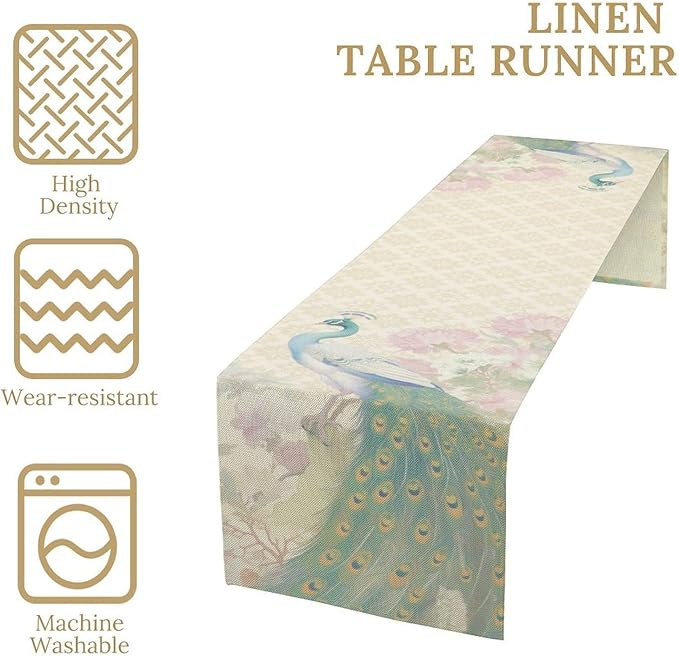 Peacock Table Runner,Rustic Traditional Chinese Style Watercolor Peacock Pink Flora Elegant Table Center Decor for Family Kitchen Table Decorations Indoor Outdoor, 13"x90"