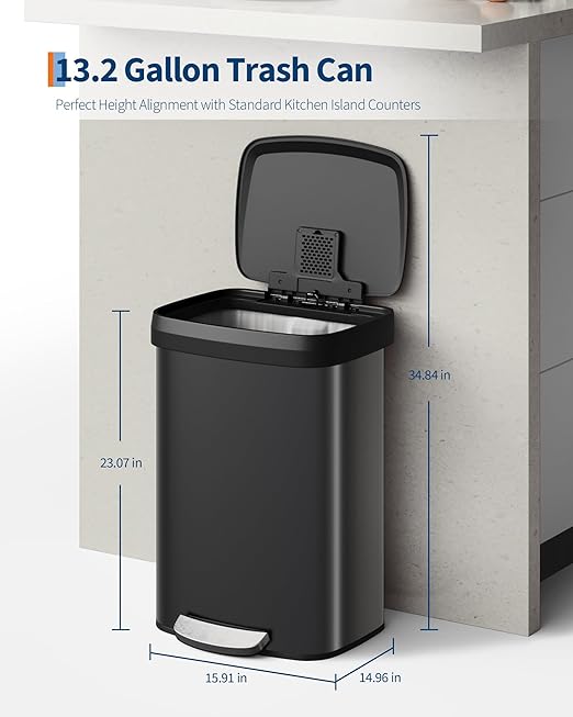Garvee 13 gal / 50 L Metal Trash Can with Lid, Large Garbage Can for Kitchen, Rustproof Step-on Kitchen Metal Trash Bin with Liner Rim, Rear Handle, Soft Close Plastic Lid, Black
