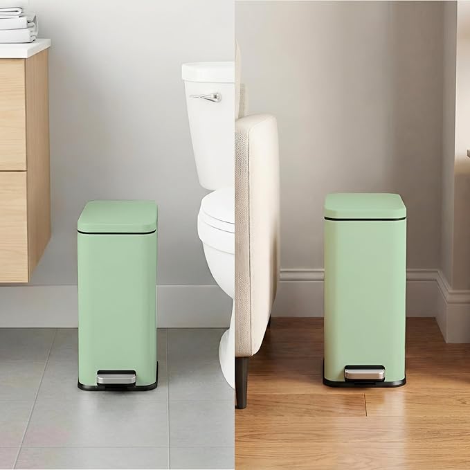 iTouchless SoftStep 3 Gallon (11.4L) Slim Bathroom Trash Can with Lid, Pastel Green Stainless Steel Fingerprint-Proof, Silent Soft-Close Pedal, AbsorbX Odor Filter Removable Bucket Dorm Bedroom Office