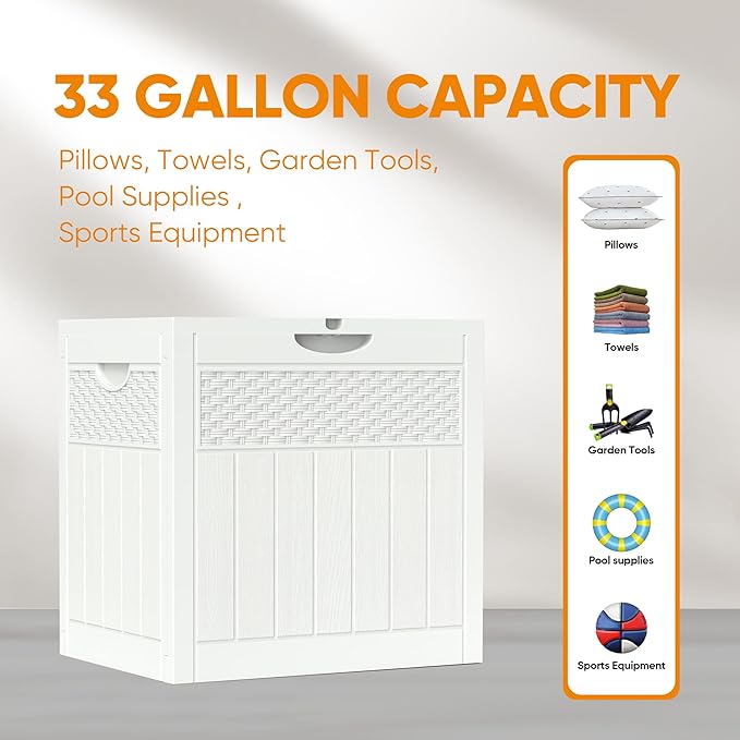 ZYJOYY 33 Gallon Resin Deck Box, Weatherproof Outdoor Storage Box for Patio, Garden and Yard, Lockable Waterproof Bin for Tools, Cushions, and Accessories, White