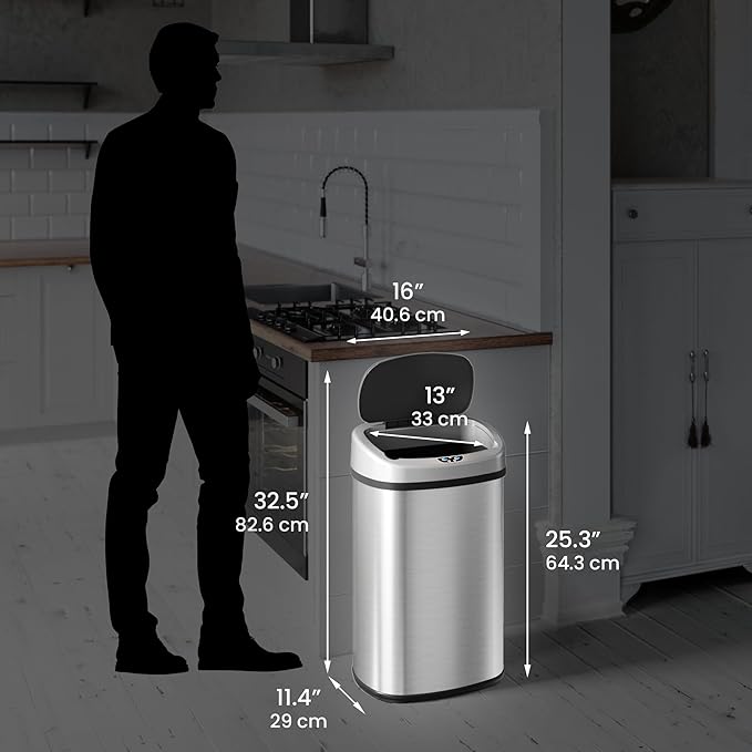 iTouchless 13 Gallon Automatic Sensor Trash Can with AbsorbX Odor Filter, Stainless Steel Kitchen Garbage Bin, Fingerprint-Proof, Hands-Free Operation, Oval