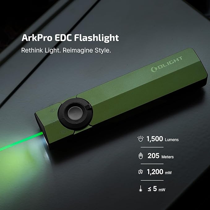 OLIGHT ArkPro EDC Flat Flashlight Rechargeable with Green Beam, UV and White LED,1500 Lumens USB-C Pocket Camping Flashlight, Spotlight Floodlight for Outdoor Emergency Working (OD Green CW)