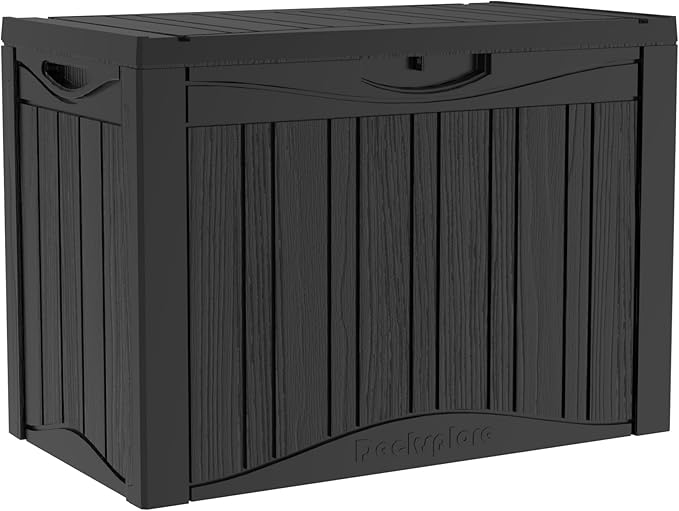 50 Gallon Plus Resin Deck Box, Waterproof Outdoor Storage Box for Patio, Poolside, and Garden, Lockable UV-Resistant Storage Bin Bench Cabinet for Small Spaces, Black