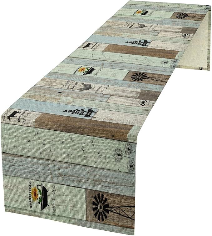 Rustic Farmhouse Table Runner, Vintage Country Blue Green Wooden Board Cow Chicken Pig Windmill Print Table Runner for Kitchen Dining Room Wedding Party Decor, 13x108inch