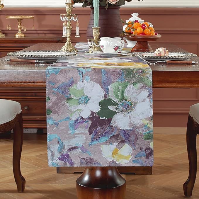 Double-Sided Table Runner - Reversible Oil Painting & Banana Leaf Design, Waterproof Linen Cotton for Dining Table Decor, Holiday Home Decoration（Pruple）