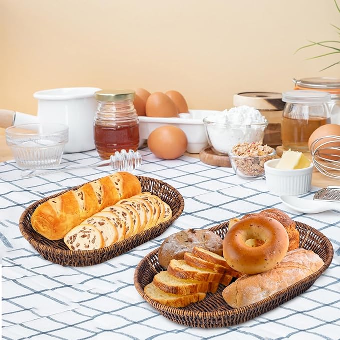 3 PCS Handwoven Oval Wicker Baskets Set - 3 Size Versatile Bread, Fruit, and Cosmetic Wicker Baskets, Bread Baskets for Serving, Suitable for Kitchen Counter, Dining Table, and Decor