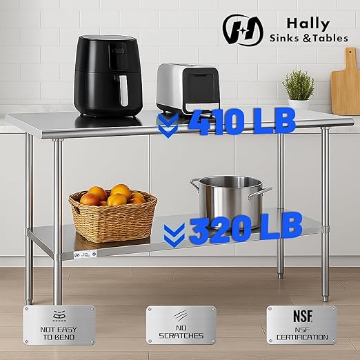 Hally Stainless Steel Table for Prep & Work 18 x 60 Inches, NSF Commercial Heavy Duty Table with Undershelf and Galvanized Legs for Restaurant, Home and Hotel