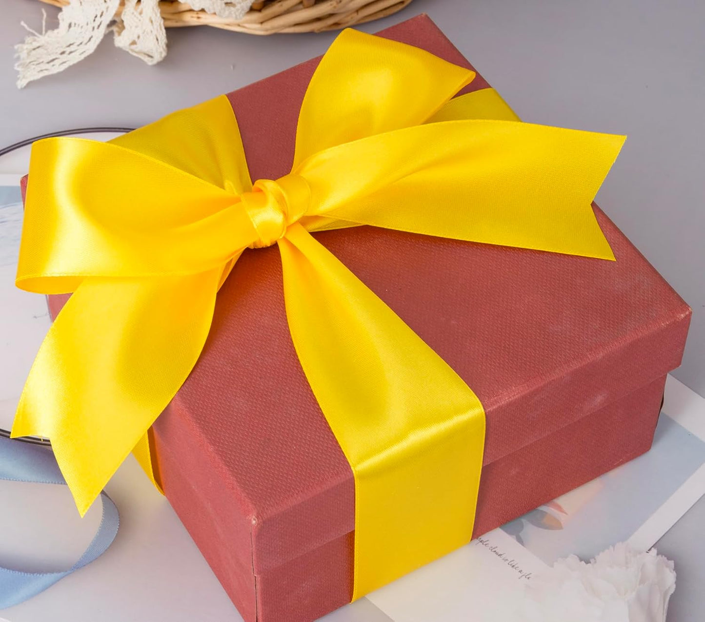 2 Inch Yellow Solid Satin Ribbon, 50 Yards Craft Fabric Ribbon for Gift Wrapping Floral Bouquets Wedding Party Decoration