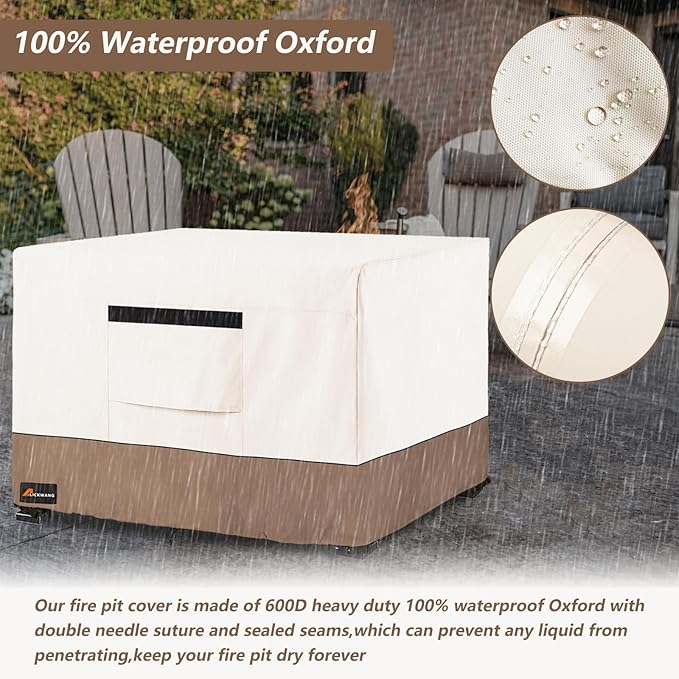 Fire Pit Cover Square, Outdoor Heavy Duty Durable 600D Tear-Resistant 100% Waterproof 28-30 Inch Fire Pit Cover, Patio Weatherproof Square Fire Table Protector, Beige 30" L x 30" W x 25" H