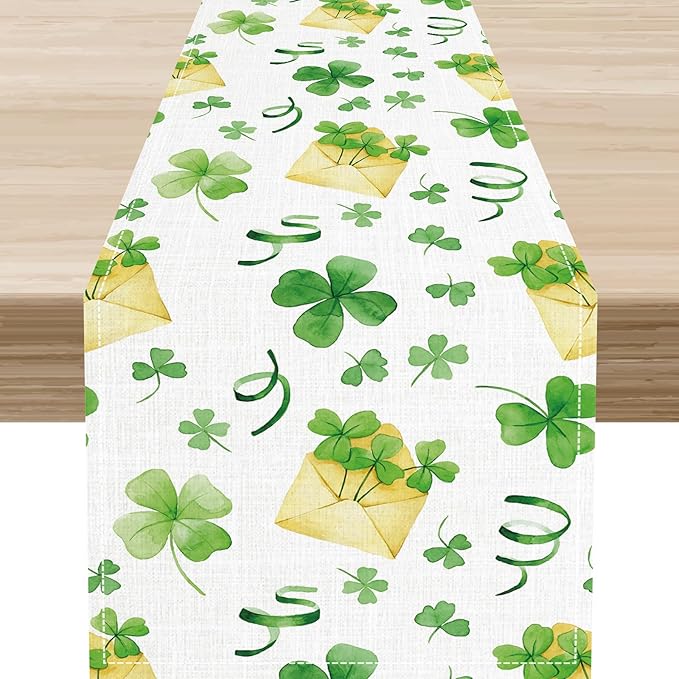 Clover Table Runner,Retro Rustic Green Shamrock Yellow Envelope Spring Seasonal Holiday St.Patrick's Day Table Center Decor for Home Kitchen Dining Holiday Party Indoor Decorations, 13"x90"