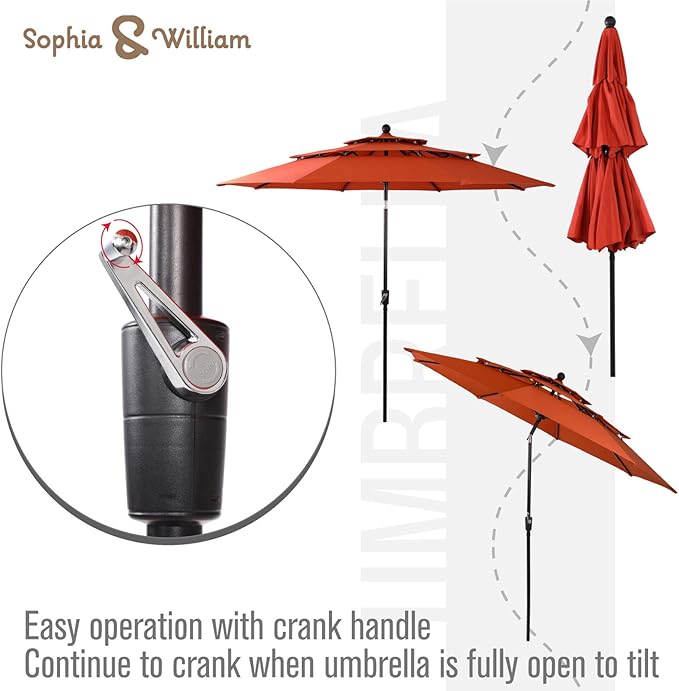Sophia & William Outdoor 6 Pieces Dining Set with 4 Rattan Chairs, 1 Metal Table and 1 10ft 3 Tier Auto-tilt Umbrella(No Base) Orange Red, Modern Patio Furniture for Poolside, Porch, Patio, Balcony