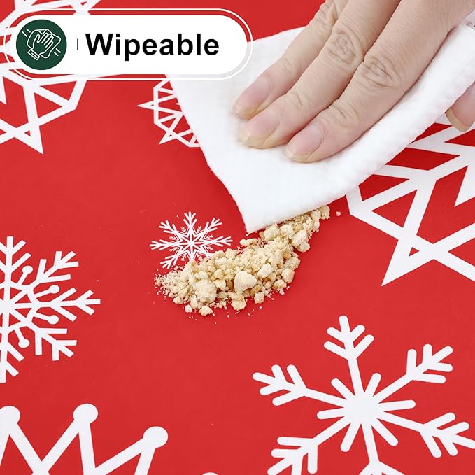 misaya Rectangle Waterproof Vinyl Table Cloth, Wipeable Tablecloth with Flannel Backing, Plastic Table Cover for Dinner, Christmas Party (Red Snowflake, 52" x 70")
