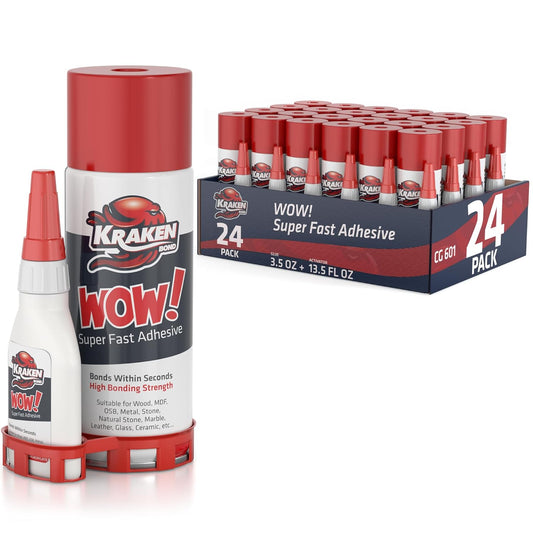 Kraken Bond Wow! CA Glue (24x3.50 oz) with Spray Adhesive Activator (24x13.50 fl oz) - Cyanoacrylate, with Activator, Fast CA Glue for Woodworking, Crazy & Craft - 24 Pack