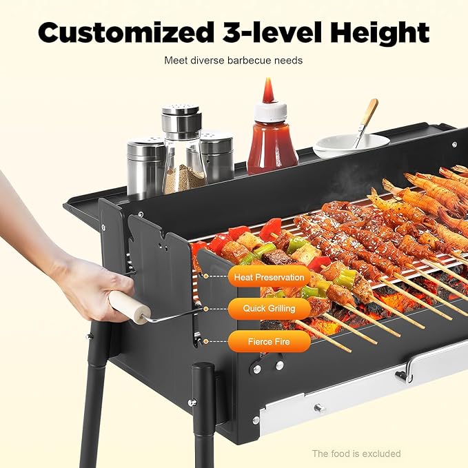 Portable Charcoal Grill, Stainless Steel Folding BBQ Grills w/Storage Shelf Outdoor Cooking Barbecue Grill Tool Kits for Garden Backyard Party Picnic Travel Outdoor Height Adjustable
