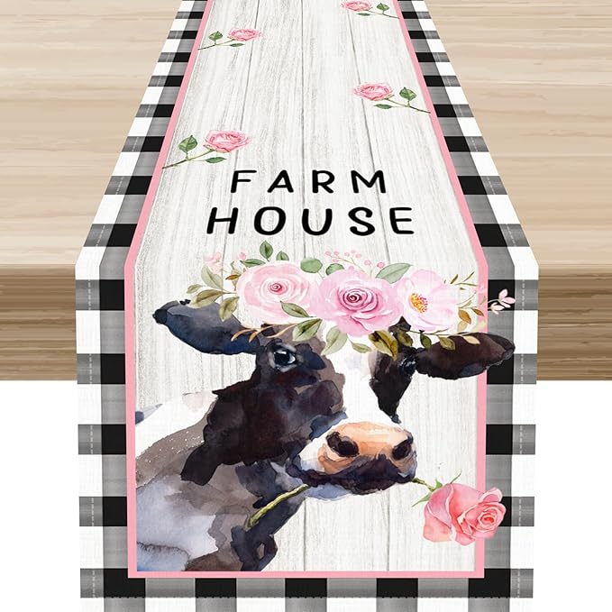 Cow Farmhouse Table Runner, Rustic Black White Plaid Buffalo Animals Flower Rose Farm Coffee Table Center Decor for Family Kitchen and Living Room Country Holiday Party Table Decorations, 13" X 108"