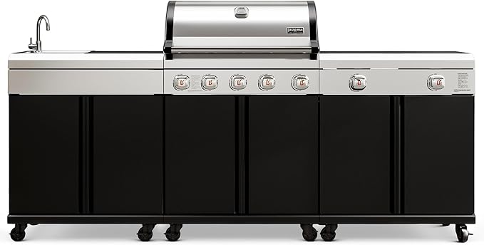 Brand-Man Outdoor Kitchen Island – 5-Burner Gas Grill & Griddle Combo with 800°C Infrared Sear Zone, Dual-Zone Cooktop, Sink & Storage, 995 sq.in Cooking Area, 67,000 BTU Stainless Steel BBQ Station