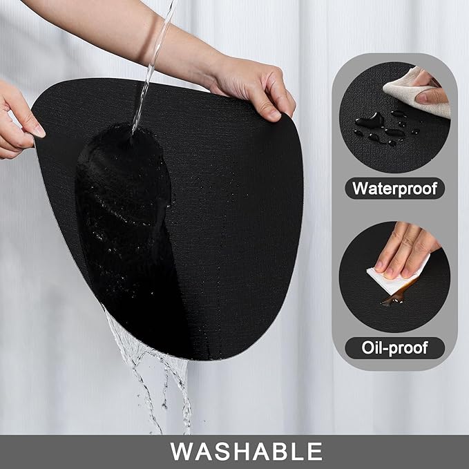 Placemats and Coasters, Washable Reversible Placemats Round Faux Leather Wipeable Place Mats Non Slip Heat Resistant Indoor Outdoor Table Mats (Set of 6, Black)