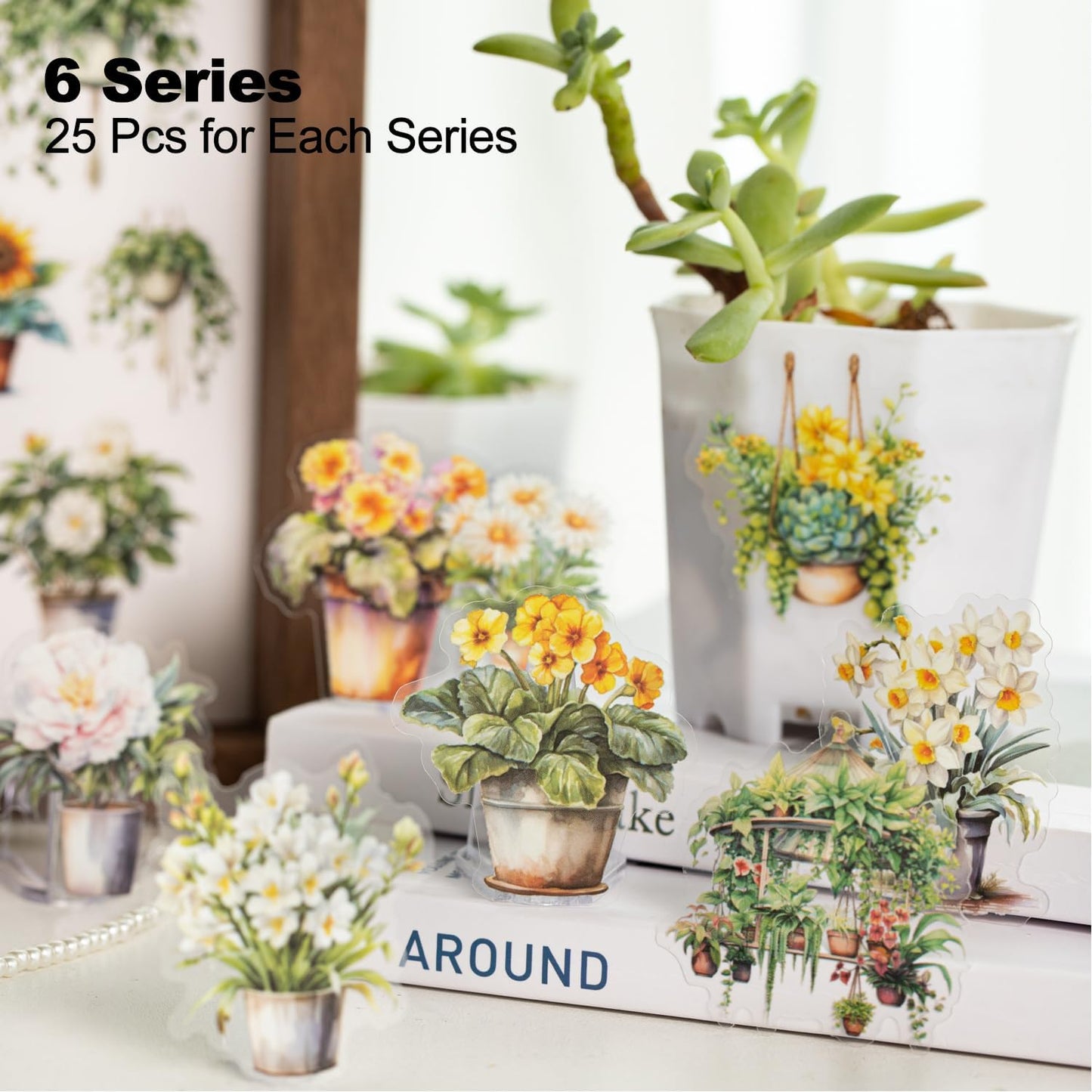 150Pcs Potted Plant Stickers, Botanical PET Stickers for Scrapbooking, DIY Crafts, Journaling, and Junk Journal Ephemera with Organizer