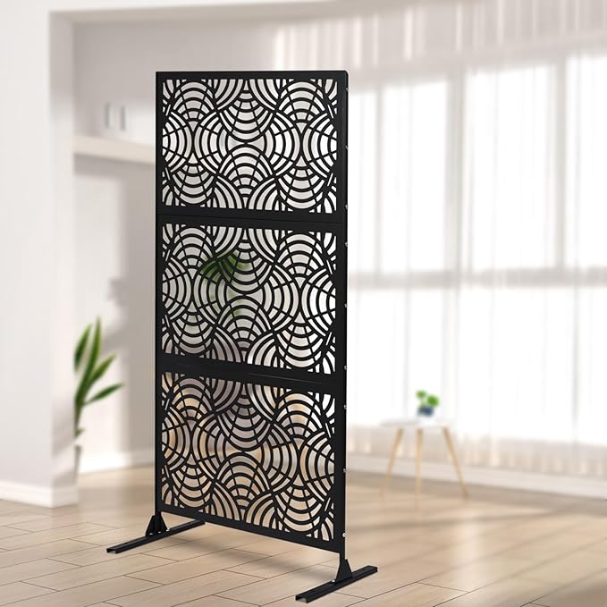 Metal Outdoor Privacy Screen with Stand,Freestanding Privacy Screen & Panels,Decorative Outdoor Divider with Stand Panels for Deck Patio Balcony (35.43 * 74.8in Black)