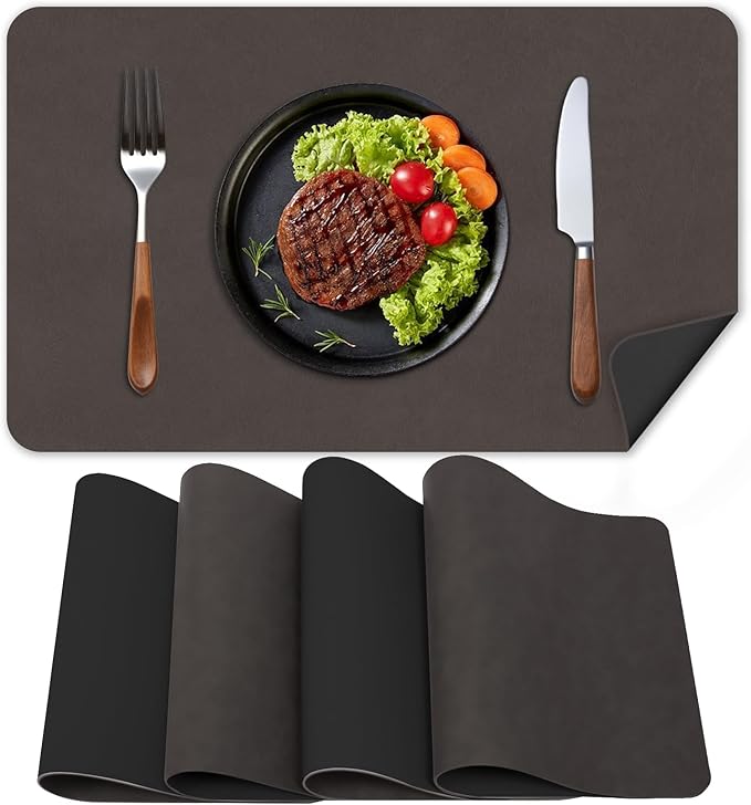 Faux Leather Placemats, Set of 4, 12''×17' Textures on Both Sides, Heat-Resistant, Waterproof and Oil-Proof, Reversible Place Mats for Kitchen, Dining Table, Outdoor-Coffee&Black