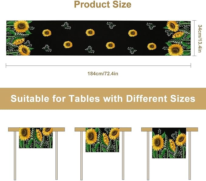 Sunflower Table Runner,Spring Summer Watercolor Floral Plants Leaves Print Table Runner for Kitchen Dining Table Home Holiday Party Indoor Outdoor Decor 13x120in