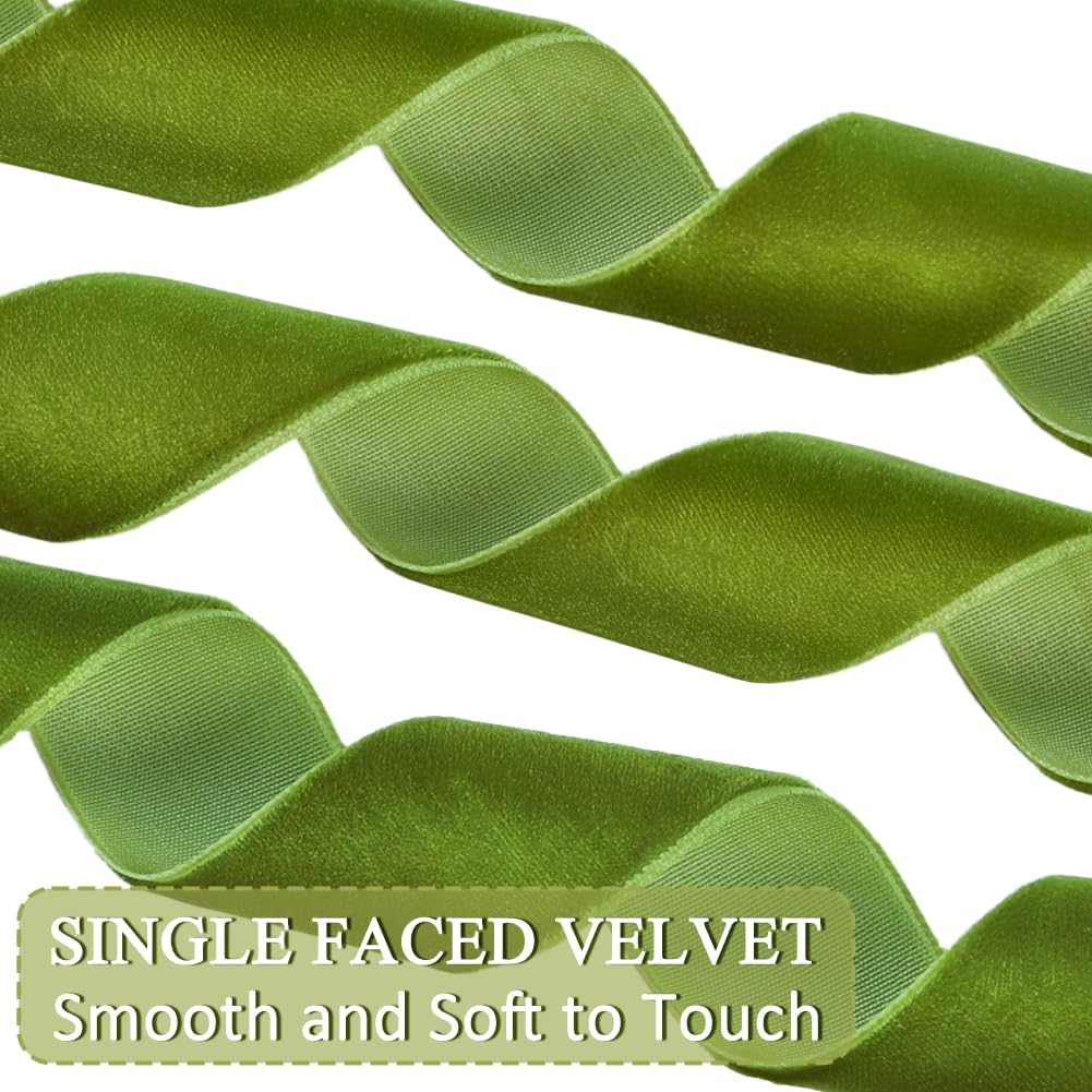 Mousse Green Velvet Ribbon, 1 Inch x 20 Yards Single Faced Mousse Green Ribbon for Gift Wrapping, Bow Making, Christmas Tree Decorations, Wreath Making and DIY Crafts (10 Yards Each Roll)