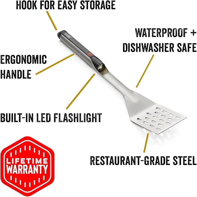 Grill Light Stainless Steel BBQ Grilling Spatula with LED Flashlight - Thick Restaurant Grade Steel - Waterproof & Dishwasher Safe - Grill in The Dark - Camping Barbeque Grilling Spatula
