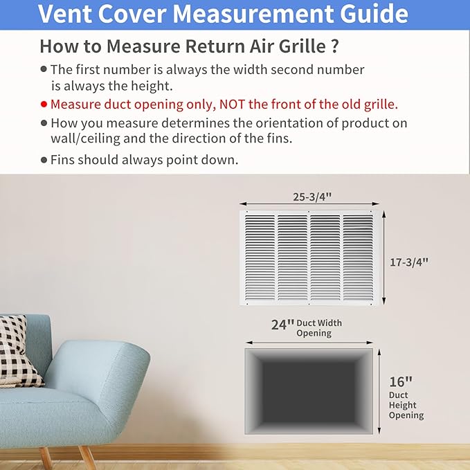 24"W x 16"H [Duct Opening Size] Steel Return Air Grille, Air Return Vent Cover for Ceiling and Sidewall - HVAC Air Vent Covers - [Outer Dimensions: 25.75"W x 17.75"H]