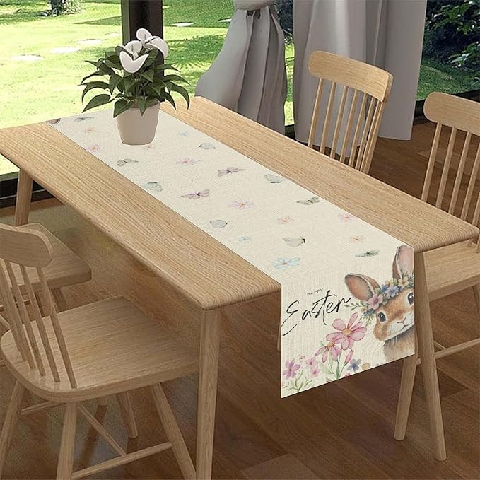 Easter Table Runner,Boho Floral Bunny Rabbit Butterflies Pink Blue Spring Easter Table Center Decor for Family Kitchen and Living Room Outdoor Farmhouse Party Table Decorations, 13"x36"