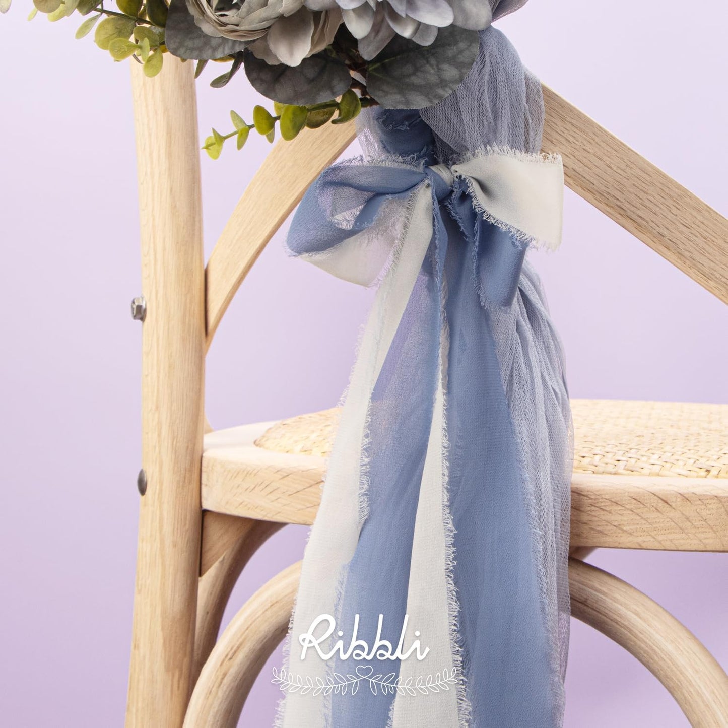 Ribbli Chiffon 1.5 Inch x 30 Yard Handmade Silk Ribbon - Ivory/Sage Green/Dusty Blue Fringe for Wedding Invitations, Bridal Bouquets, Wrapping, Flower Arrangement Decoration